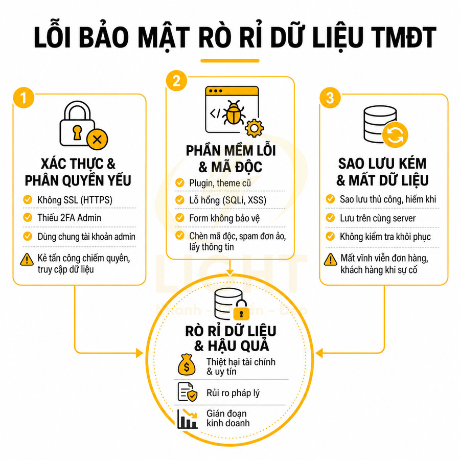 Các lỗi bảo mật gây rò rỉ dữ liệu TMĐT và hậu quả về tài chính, pháp lý, gián đoạn kinh doanh