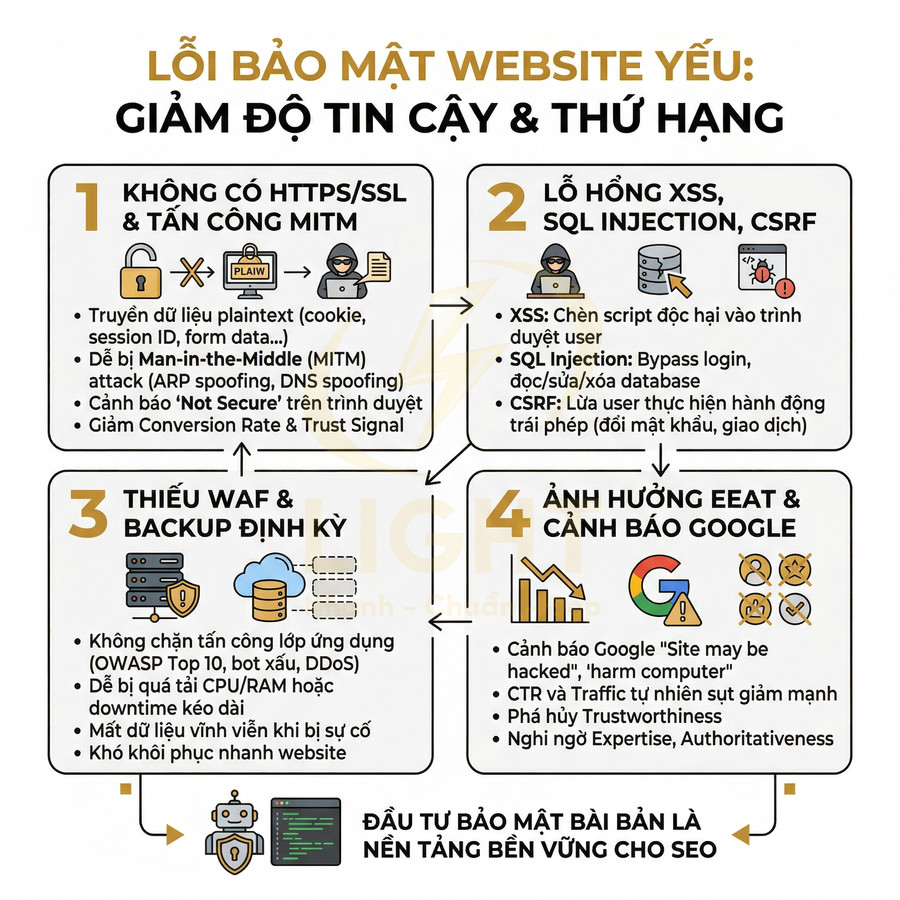 Infographic các lỗi bảo mật website phổ biến ảnh hưởng độ tin cậy và thứ hạng SEO