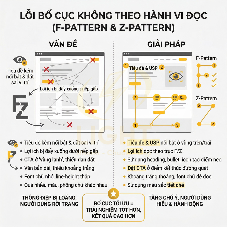 Infographic so sánh lỗi bố cục web không theo F Z pattern và giải pháp tối ưu trải nghiệm người dùng