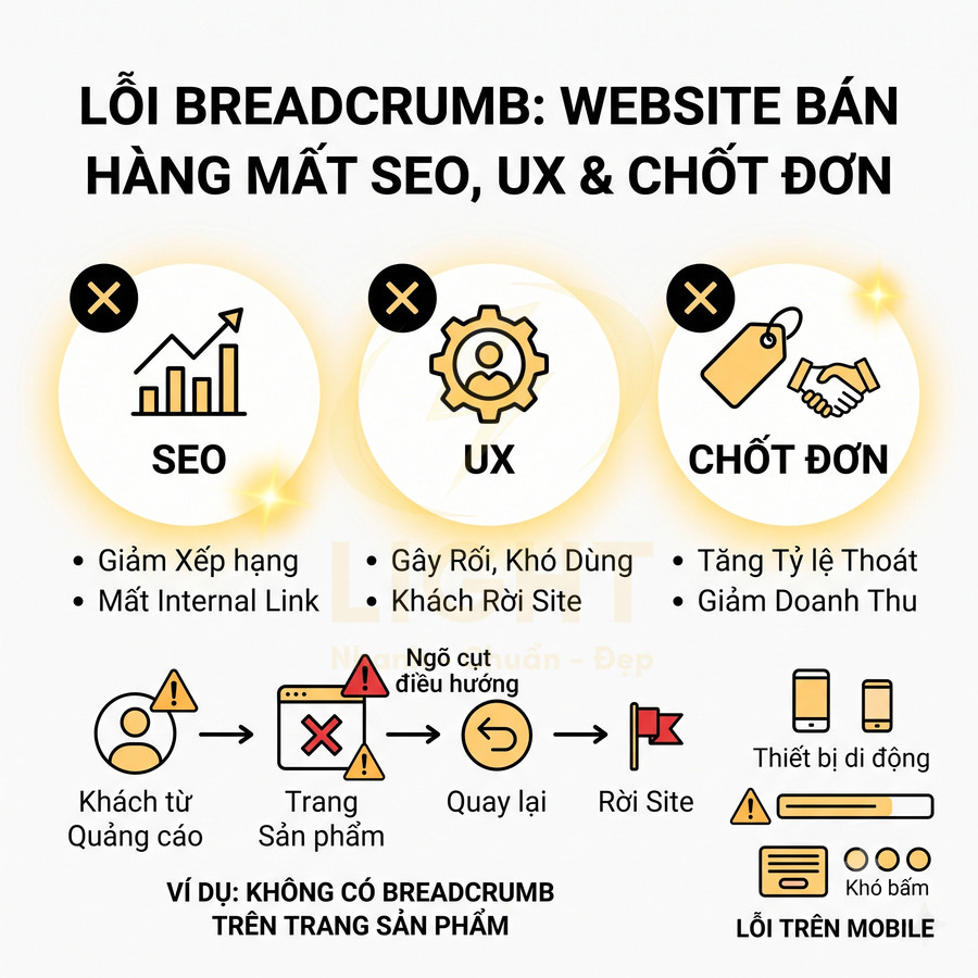 Infographic lỗi breadcrumb làm website bán hàng mất SEO, giảm UX và tỷ lệ chốt đơn, đặc biệt trên trang sản phẩm mobile