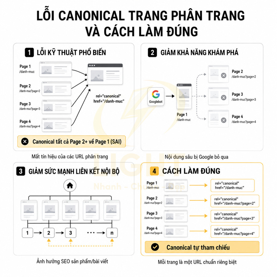 Hướng dẫn lỗi canonical trang phân trang và cách thiết lập canonical tự tham chiếu chuẩn SEO