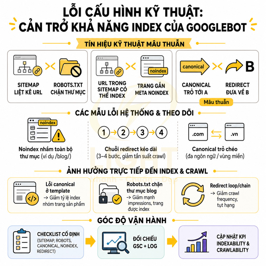 Lỗi cấu hình kỹ thuật SEO cản trở khả năng index của Googlebot và cách khắc phục trong website