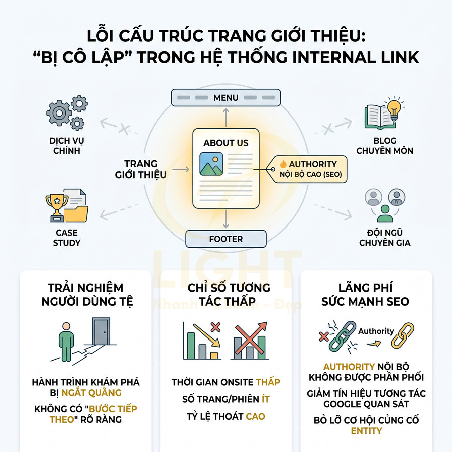 Infographic lỗi cấu trúc trang giới thiệu bị cô lập trong hệ thống internal link và hậu quả với SEO