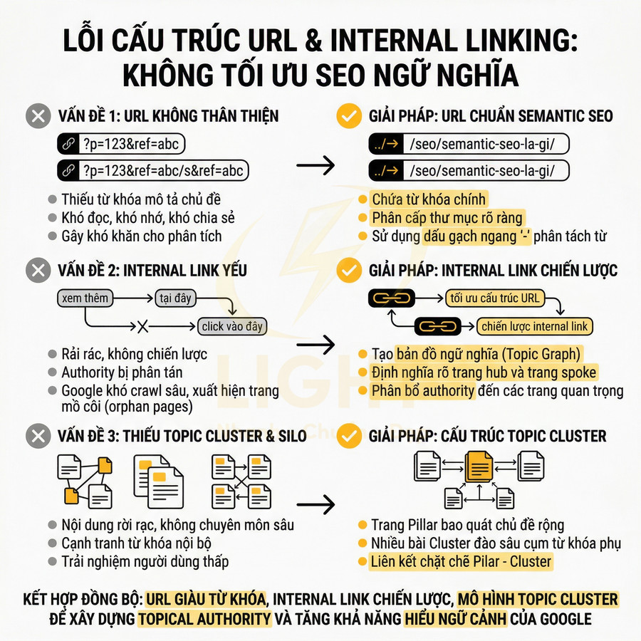 Infographic lỗi cấu trúc URL và internal linking, giải pháp tối ưu SEO ngữ nghĩa với topic cluster