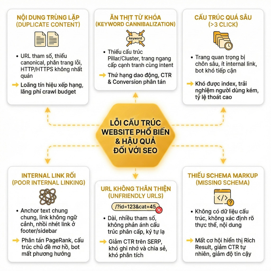 Các lỗi cấu trúc website phổ biến và hậu quả SEO như trùng lặp nội dung, ăn thịt từ khóa, URL không thân thiện