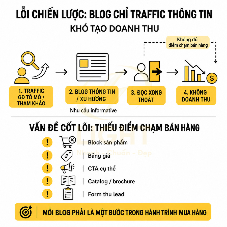Mô hình minh họa lỗi chiến lược blog chỉ kéo traffic thông tin nhưng thiếu điểm chạm bán hàng dẫn tới không có doanh thu