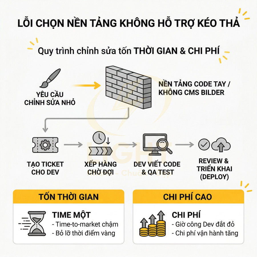 Quy trình chỉnh sửa website nền tảng code tay không kéo thả gây tốn thời gian và chi phí cho doanh nghiệp