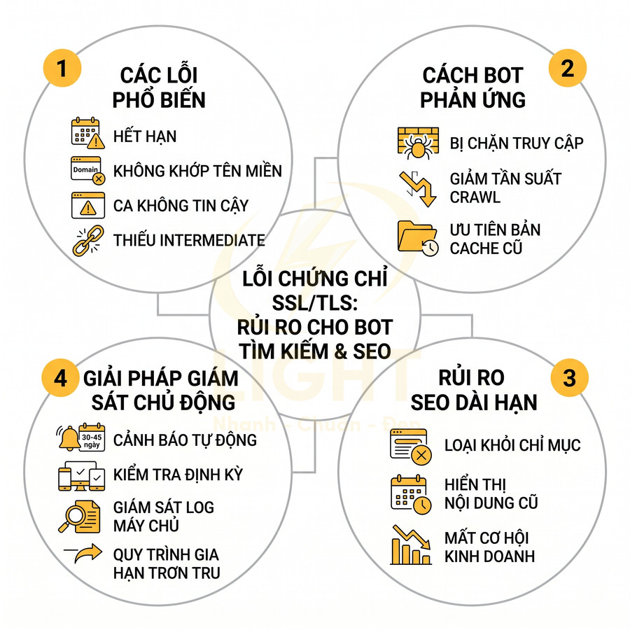 Sơ đồ lỗi chứng chỉ SSL TLS và rủi ro cho bot tìm kiếm SEO cùng giải pháp giám sát chủ động