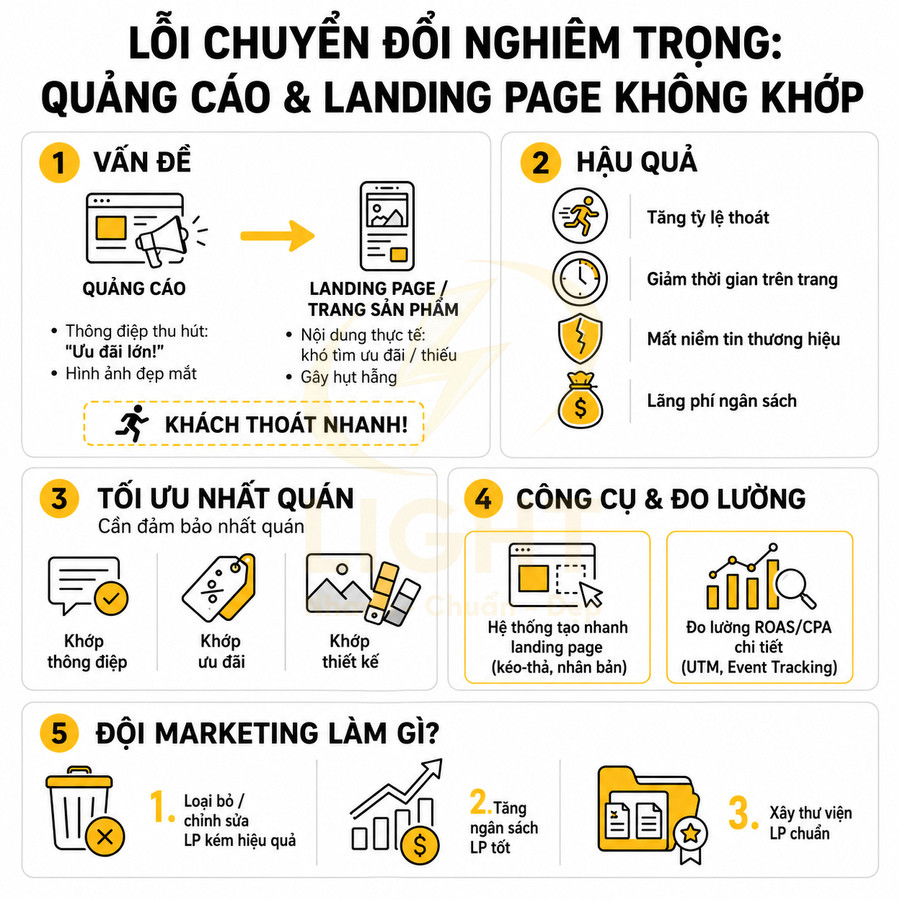 Infographic lỗi chuyển đổi do quảng cáo và landing page không khớp, hướng dẫn tối ưu thông điệp và đo lường hiệu quả marketing