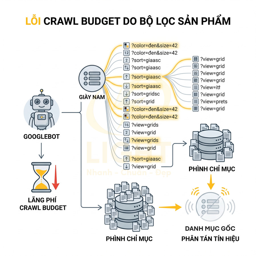 Minh họa lỗi crawl budget do bộ lọc sản phẩm giày nam tạo nhiều URL khiến chỉ mục phình to