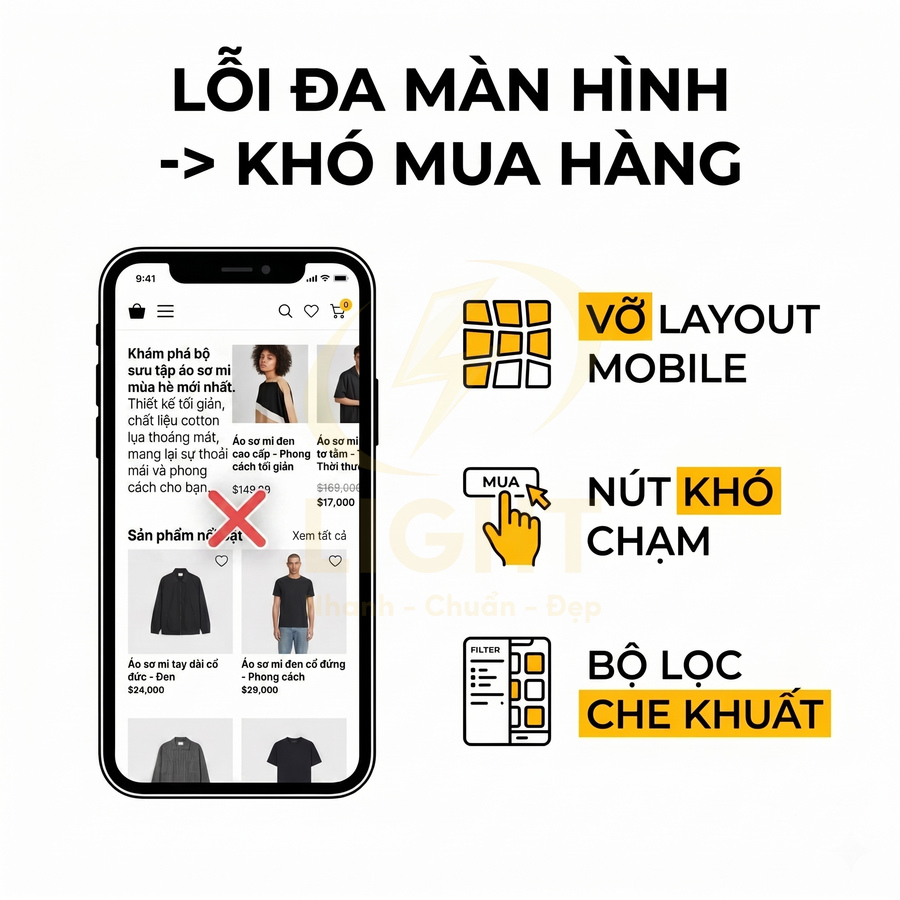 Giao diện app mua sắm trên iPhone bị lỗi layout mobile, nút mua khó chạm và bộ lọc sản phẩm che khuất
