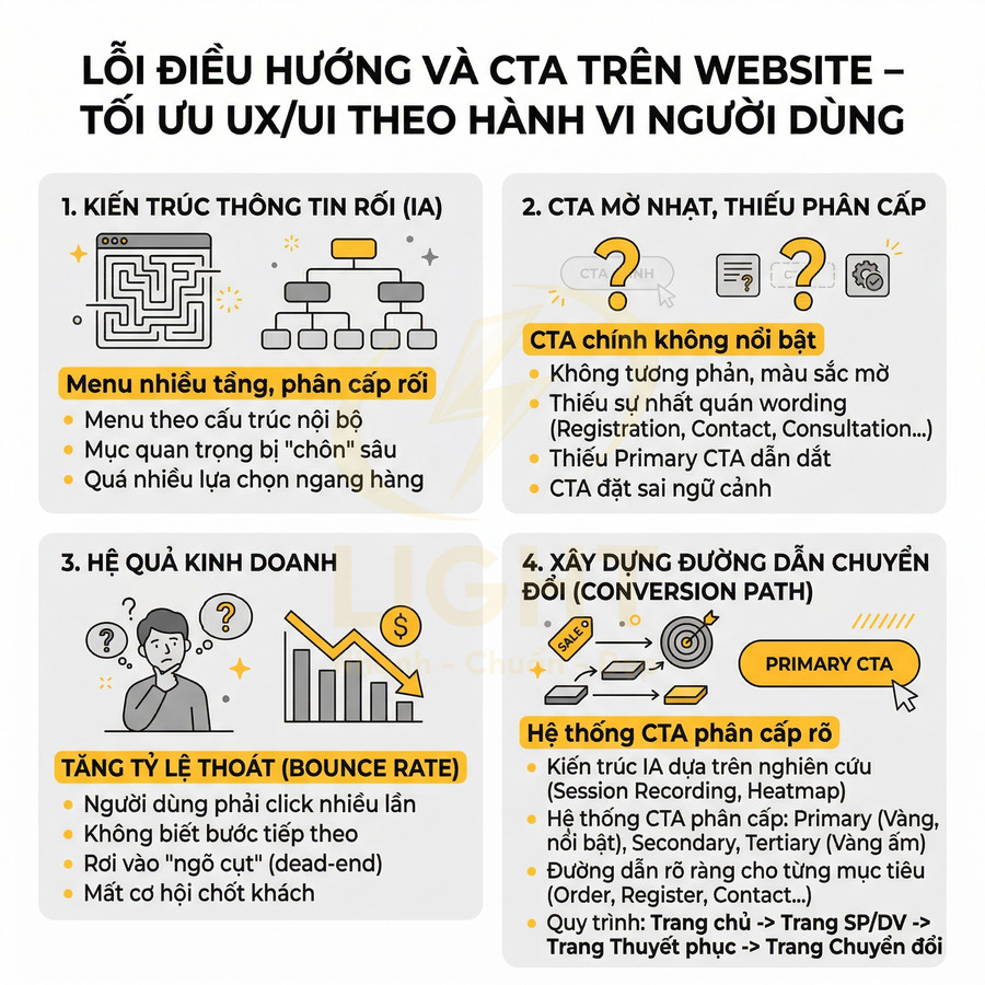 Infographic lỗi điều hướng và CTA trên website, hướng dẫn tối ưu UX UI và tăng chuyển đổi cho trang web