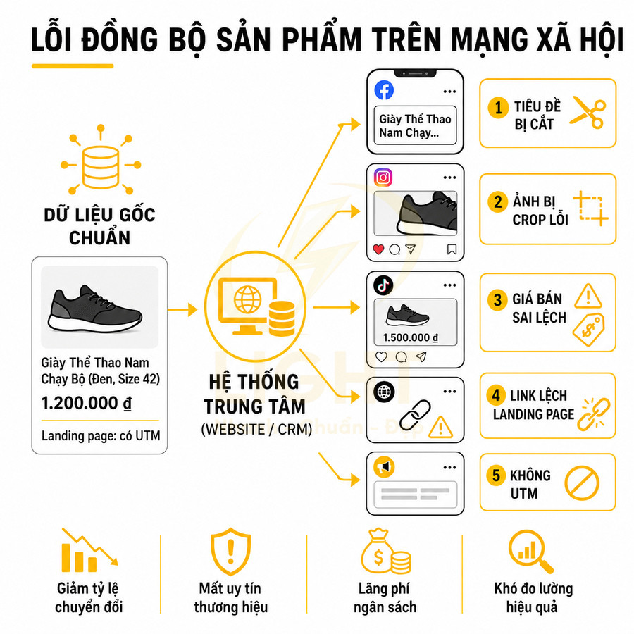 Minh họa lỗi đồng bộ quảng cáo giày thể thao nam chạy bộ trên mạng xã hội từ hệ thống trung tâm