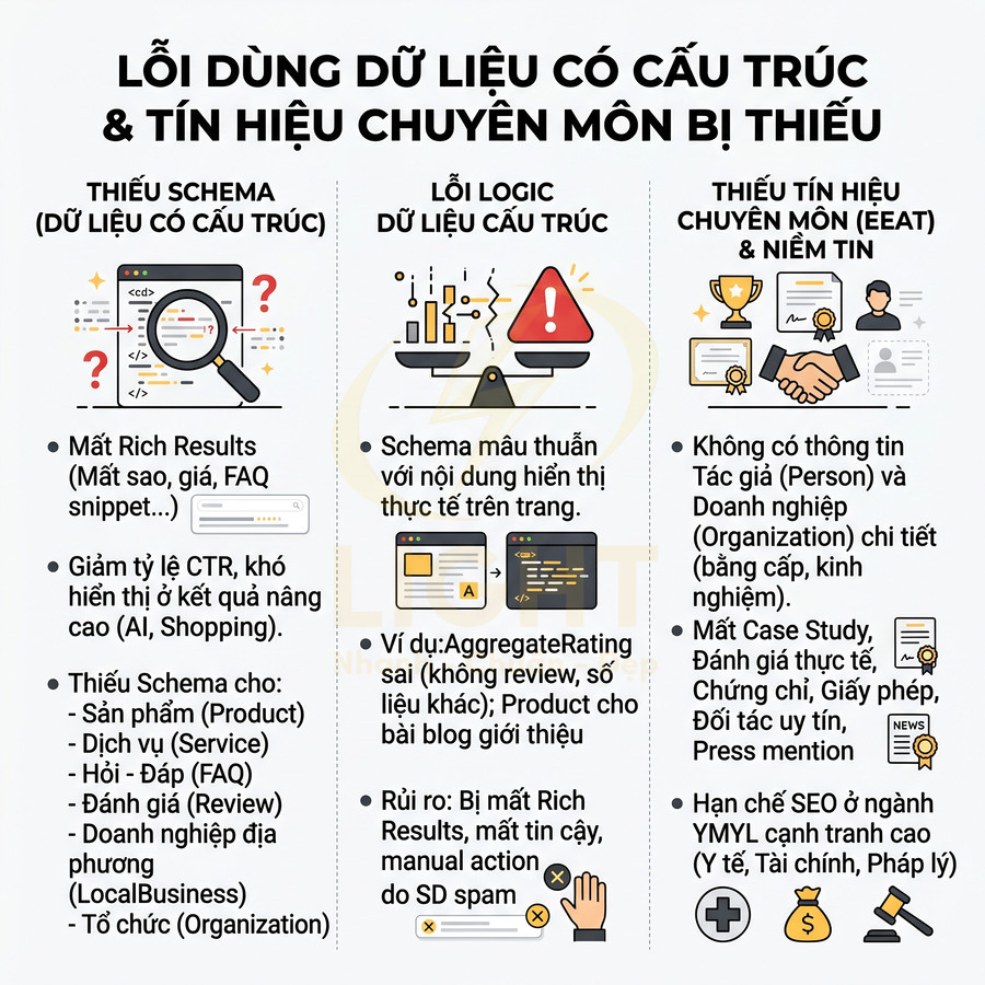 Infographic các lỗi dùng dữ liệu có cấu trúc và thiếu tín hiệu EEAT ảnh hưởng đến SEO website