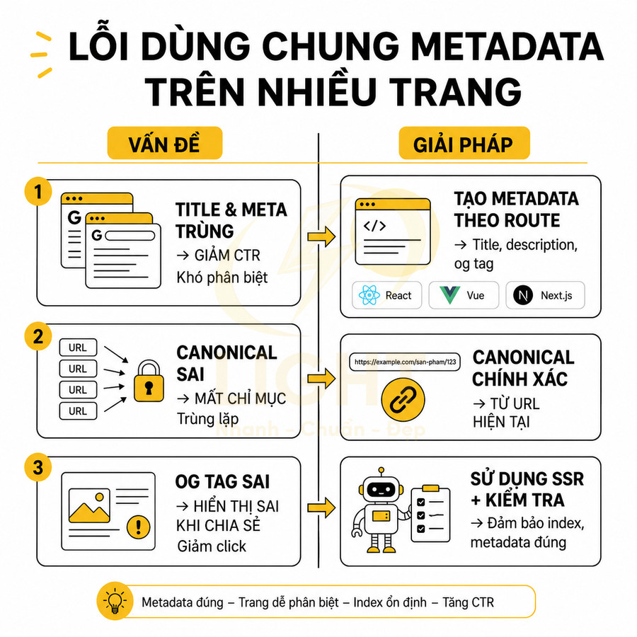 Infographic lỗi dùng chung metadata trên nhiều trang và cách tối ưu title, canonical, og tag cho SEO