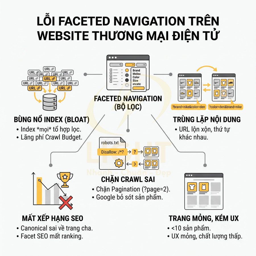 Infographic lỗi faceted navigation trên website thương mại điện tử và tác động đến SEO, index, crawl và trải nghiệm người dùng