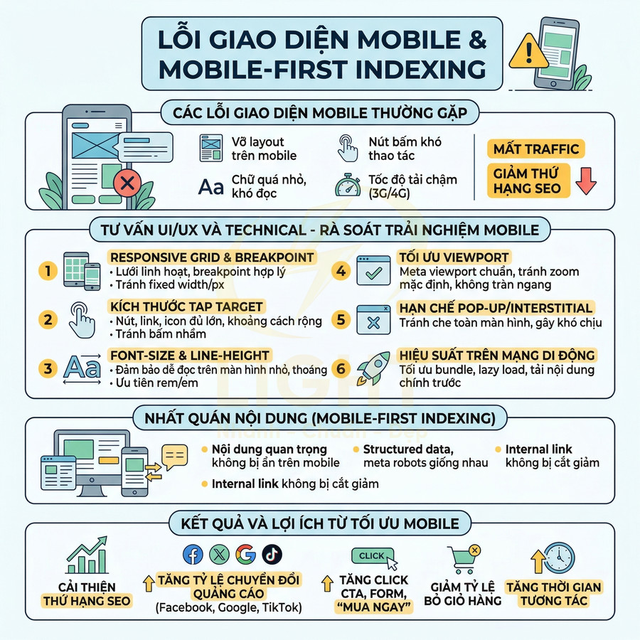 Infographic lỗi giao diện mobile và hướng dẫn tối ưu mobile first indexing để cải thiện SEO và trải nghiệm người dùng
