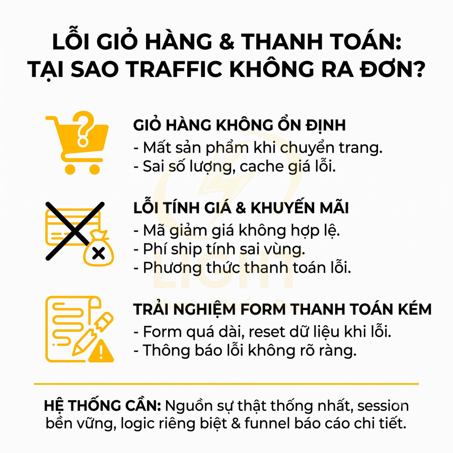 Lỗi giỏ hàng và thanh toán khiến traffic không ra đơn và gợi ý tối ưu trải nghiệm checkout cho website bán hàng