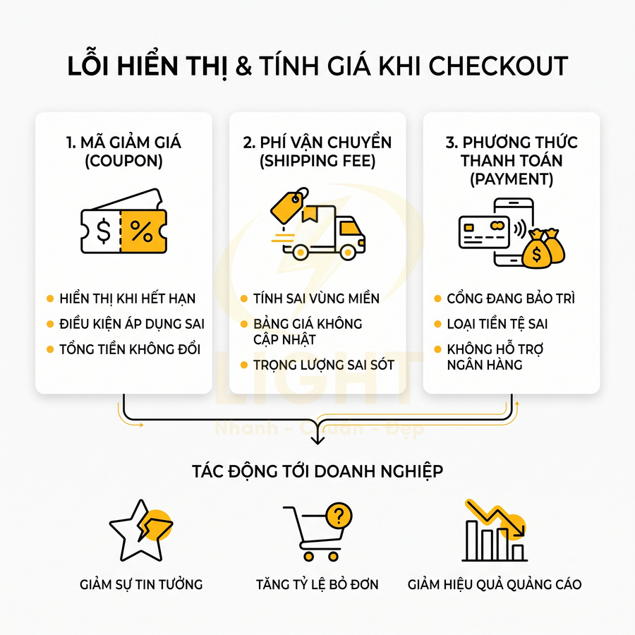 Infographic lỗi hiển thị và tính giá khi checkout về mã giảm giá phí vận chuyển phương thức thanh toán và tác động doanh nghiệp