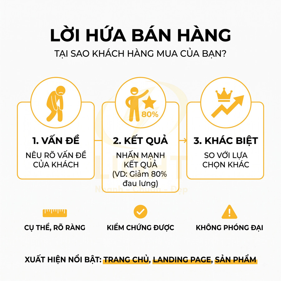 Infographic lời hứa bán hàng với 3 bước vấn đề kết quả khác biệt và các tiêu chí cam kết rõ ràng