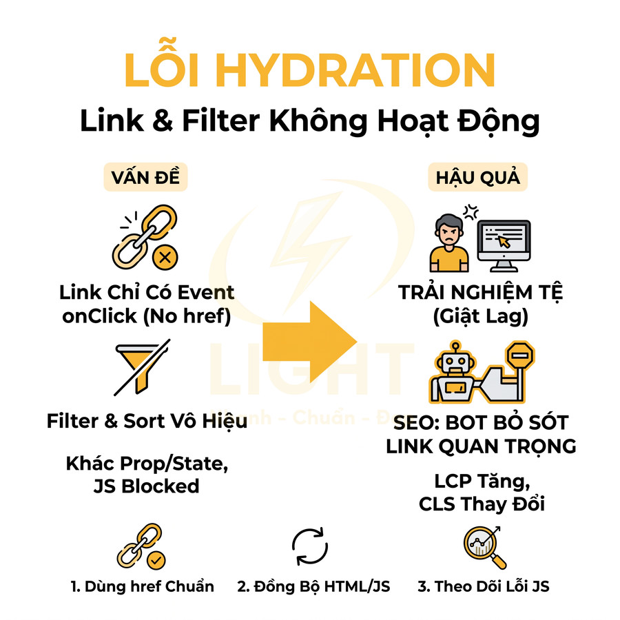 Minh họa lỗi hydration khiến link và bộ lọc không hoạt động, gây trải nghiệm tệ và ảnh hưởng SEO trên website
