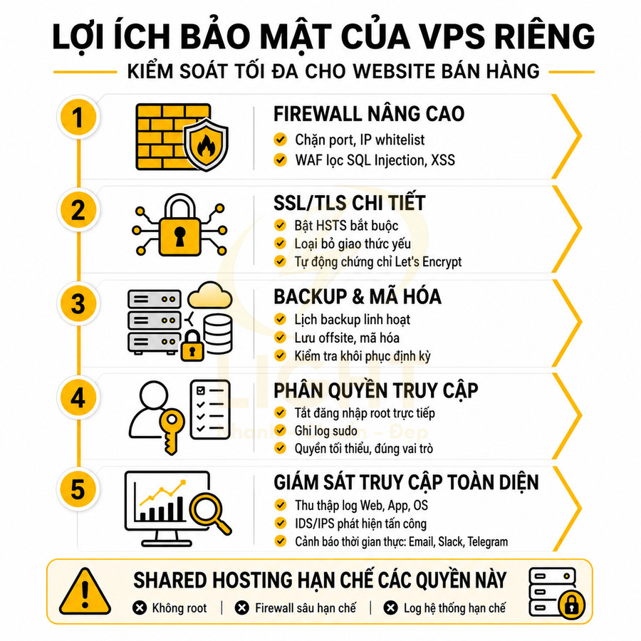 Infographic lợi ích bảo mật của VPS riêng cho website bán hàng so sánh với shared hosting hạn chế quyền