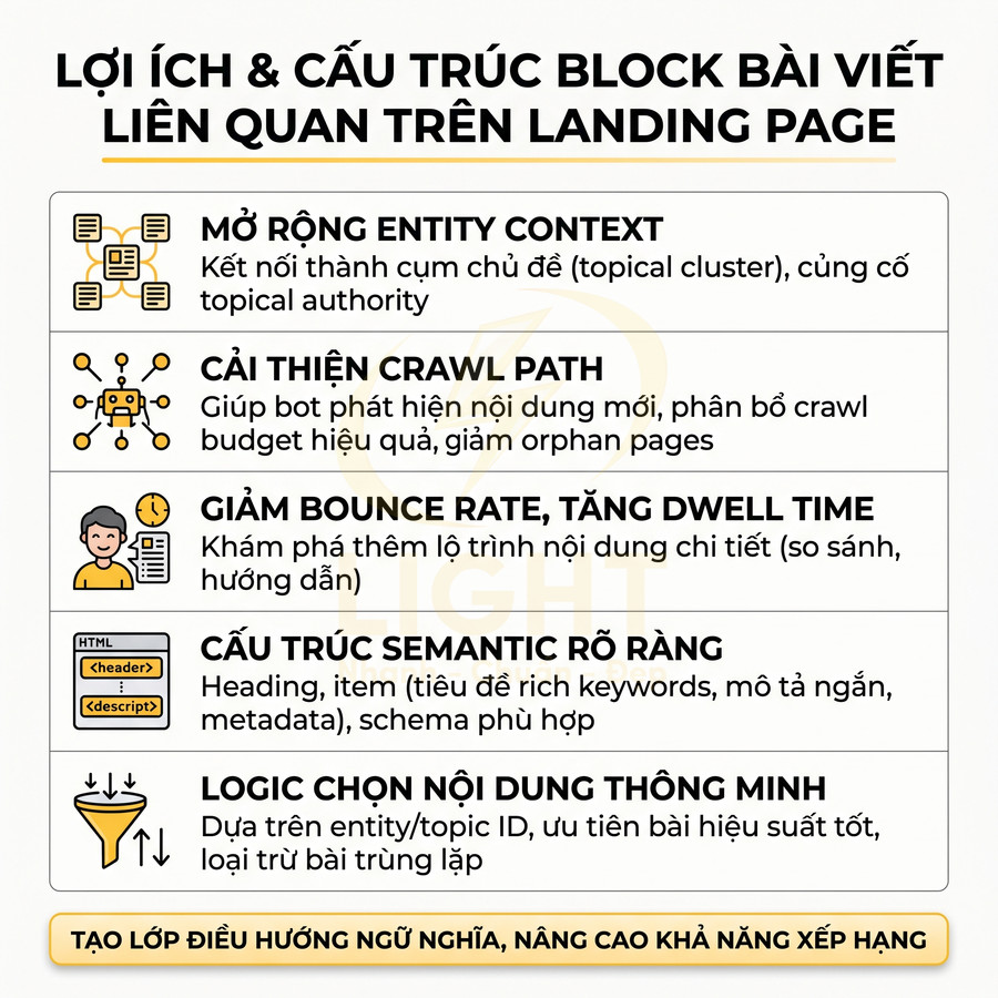 Lợi ích và cấu trúc block bài viết liên quan trên landing page giúp mở rộng entity, cải thiện crawl path, giảm bounce rate