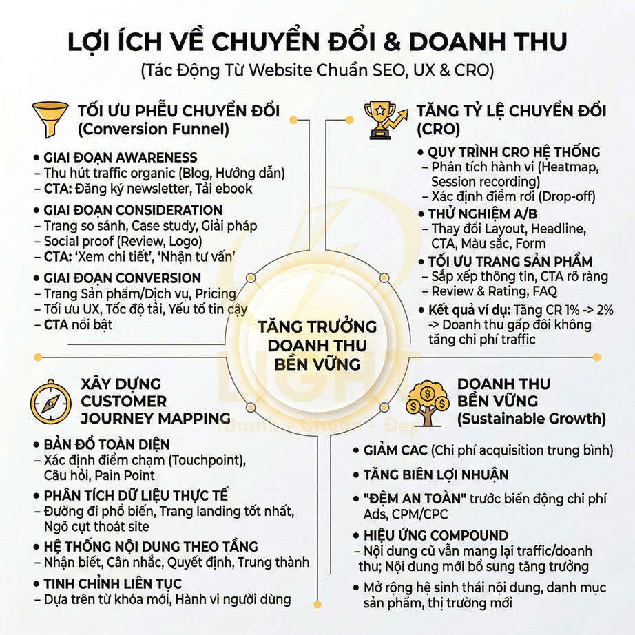 Infographic lợi ích tối ưu website chuẩn SEO UX CRO giúp tăng chuyển đổi và doanh thu bền vững