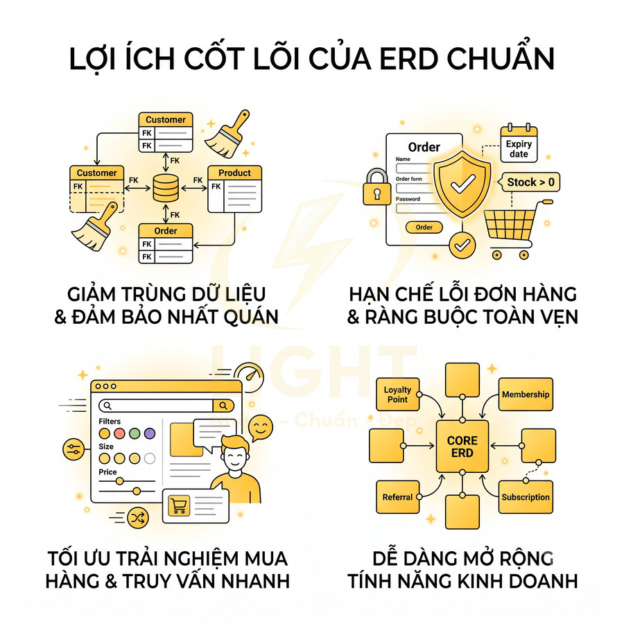 Lợi ích cốt lõi của ERD chuẩn trong quản lý dữ liệu, đơn hàng, trải nghiệm mua sắm và mở rộng tính năng kinh doanh