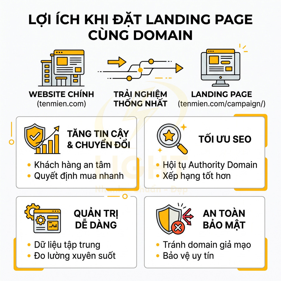 Infographic lợi ích đặt landing page cùng domain: tăng tin cậy, tối ưu SEO, quản trị dễ dàng, an toàn bảo mật