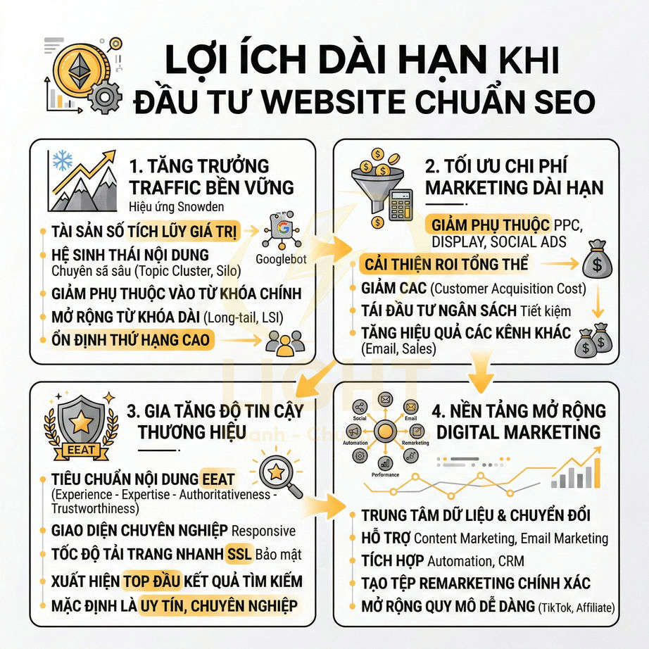 Infographic lợi ích dài hạn khi đầu tư website chuẩn SEO về traffic, chi phí marketing, uy tín thương hiệu và mở rộng digital marketing