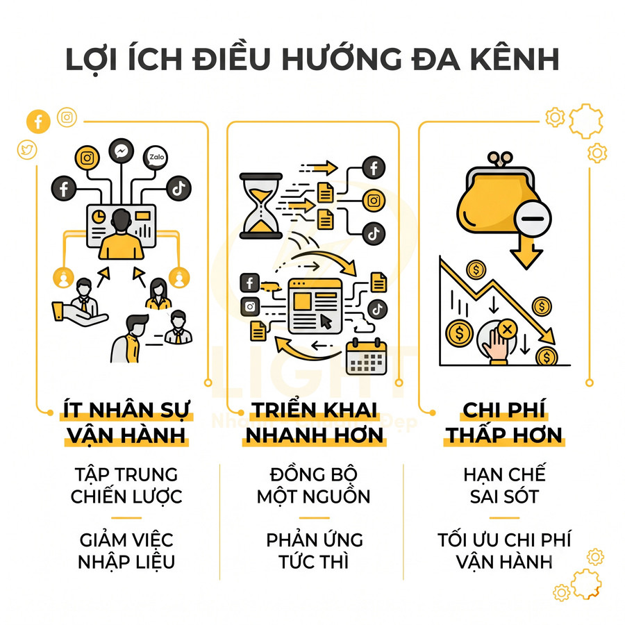 Lợi ích điều hướng đa kênh trong marketing giúp ít nhân sự vận hành, triển khai nhanh hơn và giảm chi phí