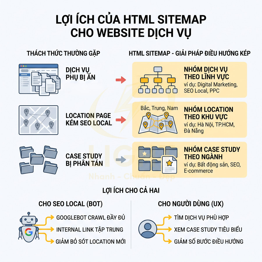 Infographic lợi ích HTML sitemap cho website dịch vụ, tối ưu SEO local và trải nghiệm người dùng UX