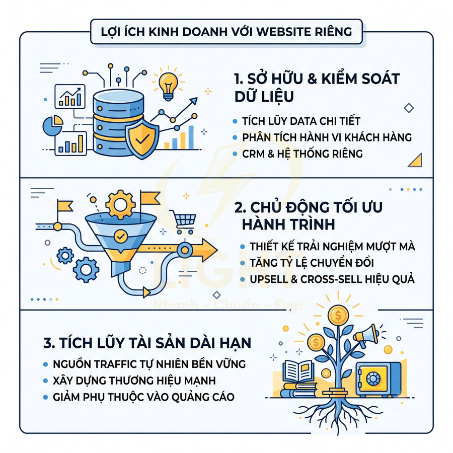 Lợi ích kinh doanh với website riêng gồm sở hữu dữ liệu, tối ưu hành trình khách hàng và tích lũy tài sản dài hạn