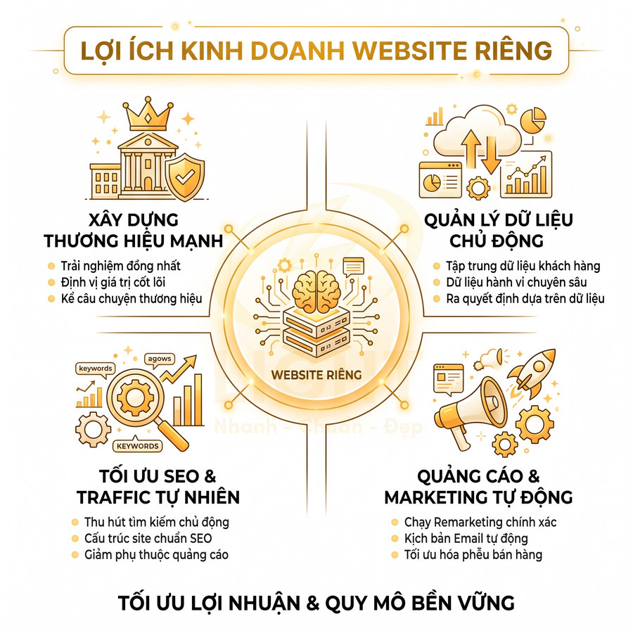 Lợi ích kinh doanh website riêng với các ưu điểm xây dựng thương hiệu, quản lý dữ liệu, tối ưu SEO và marketing tự động
