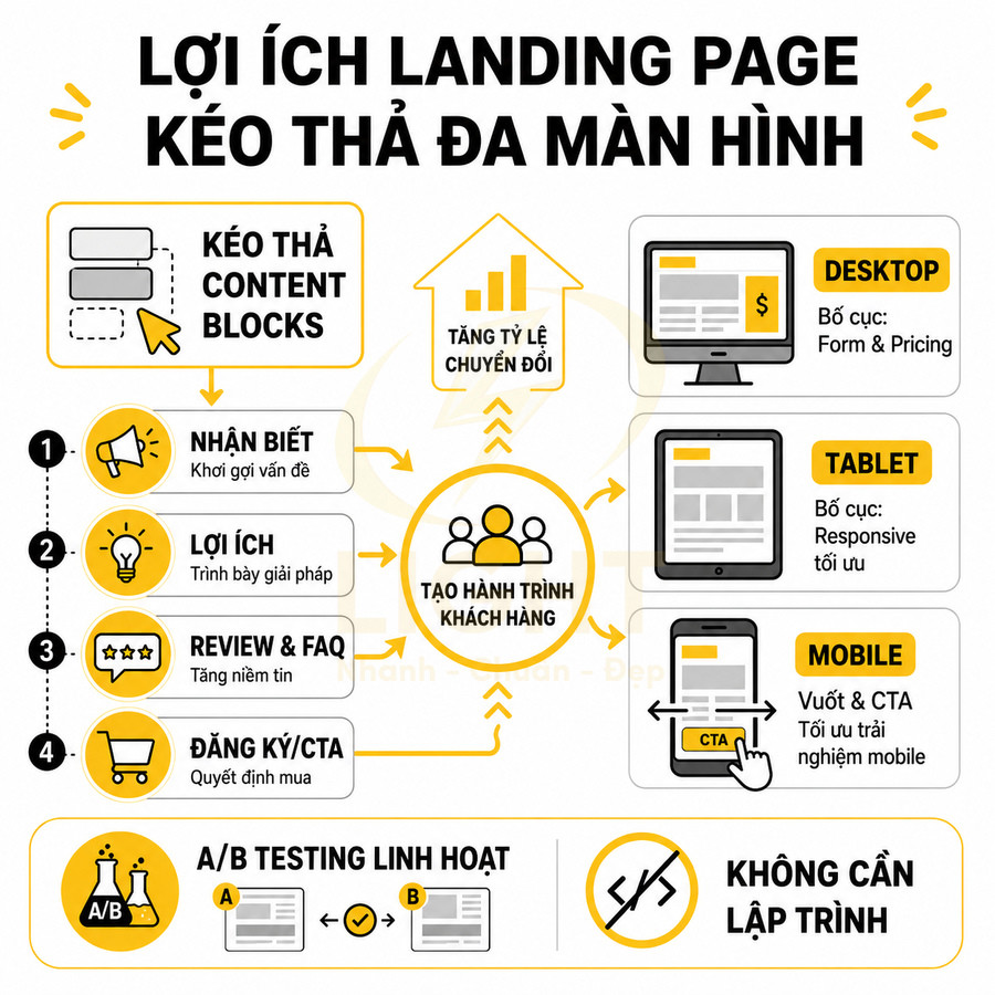 Infographic lợi ích landing page kéo thả đa màn hình, tối ưu hành trình khách hàng và tăng tỷ lệ chuyển đổi