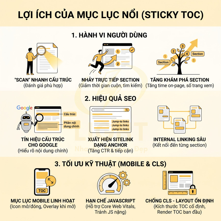 Infographic lợi ích của mục lục nổi sticky TOC cho trải nghiệm người dùng SEO và tối ưu kỹ thuật website