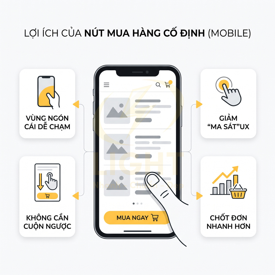 Giao diện mua sắm trên điện thoại với nút mua hàng cố định màu vàng giúp thao tác chạm và chốt đơn nhanh hơn