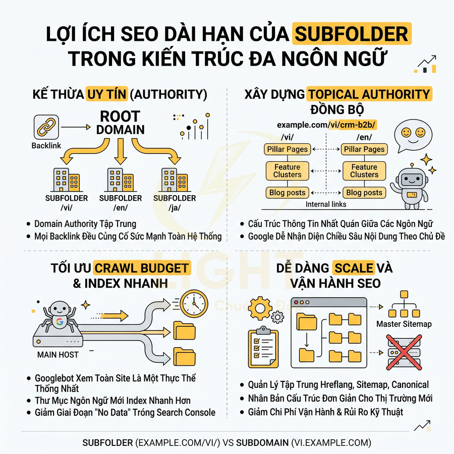 Infographic lợi ích SEO dài hạn của subfolder trong kiến trúc website đa ngôn ngữ so với subdomain