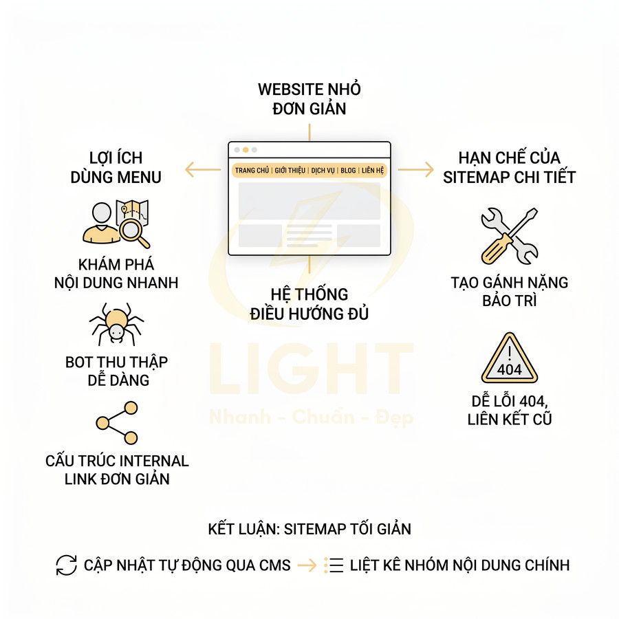 Minh họa lợi ích dùng menu và sitemap tối giản cho website nhỏ đơn giản, giảm lỗi 404 và gánh nặng bảo trì