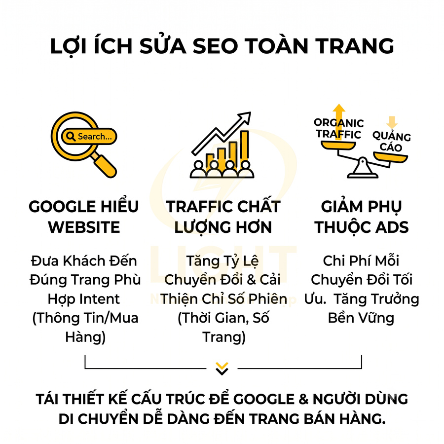 Lợi ích sửa SEO toàn trang giúp Google hiểu website, tăng traffic chất lượng và giảm phụ thuộc quảng cáo