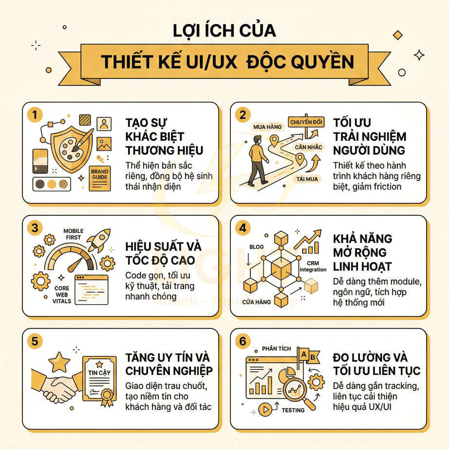 Lợi ích của thiết kế UI UX độc quyền giúp tăng khác biệt thương hiệu hiệu suất trải nghiệm người dùng và khả năng mở rộng