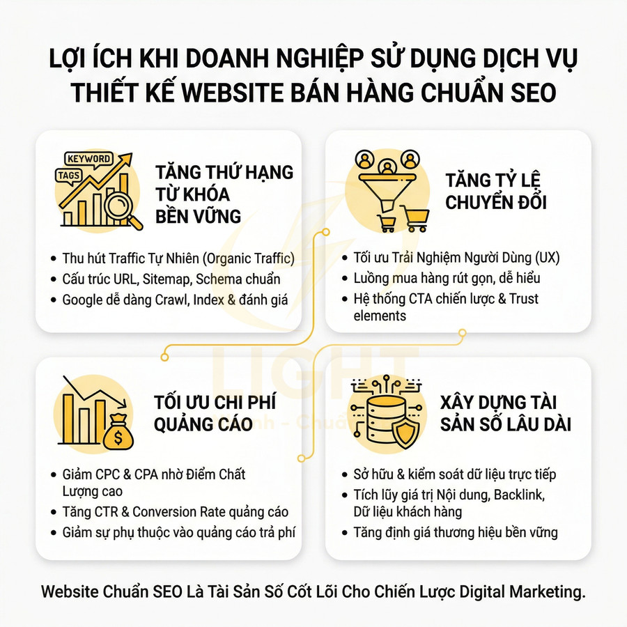 Lợi ích dịch vụ thiết kế website bán hàng chuẩn SEO giúp tăng thứ hạng từ khóa, tối ưu quảng cáo và xây dựng tài sản số