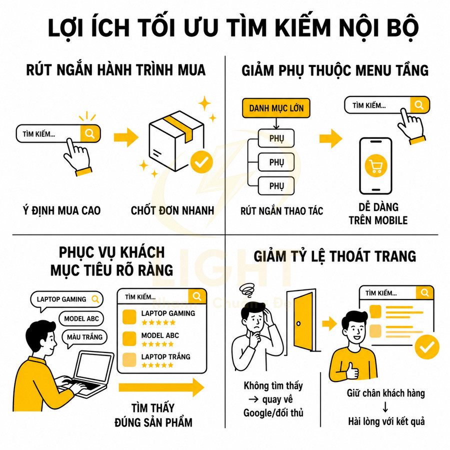 Infographic lợi ích tối ưu tìm kiếm nội bộ website giúp rút ngắn hành trình mua và giảm tỷ lệ thoát trang