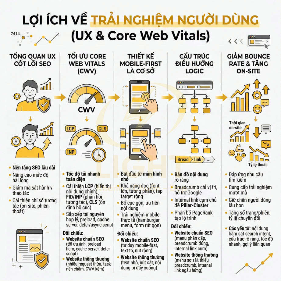 Infographic lợi ích tối ưu UX và Core Web Vitals cho SEO, thiết kế mobile first, cấu trúc điều hướng và giảm bounce rate