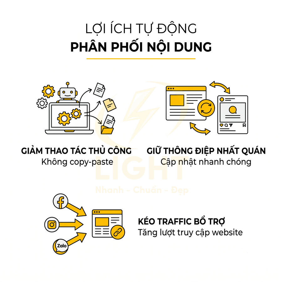 Lợi ích tự động phân phối nội dung giảm thao tác thủ công giữ thông điệp nhất quán và kéo traffic hỗ trợ website