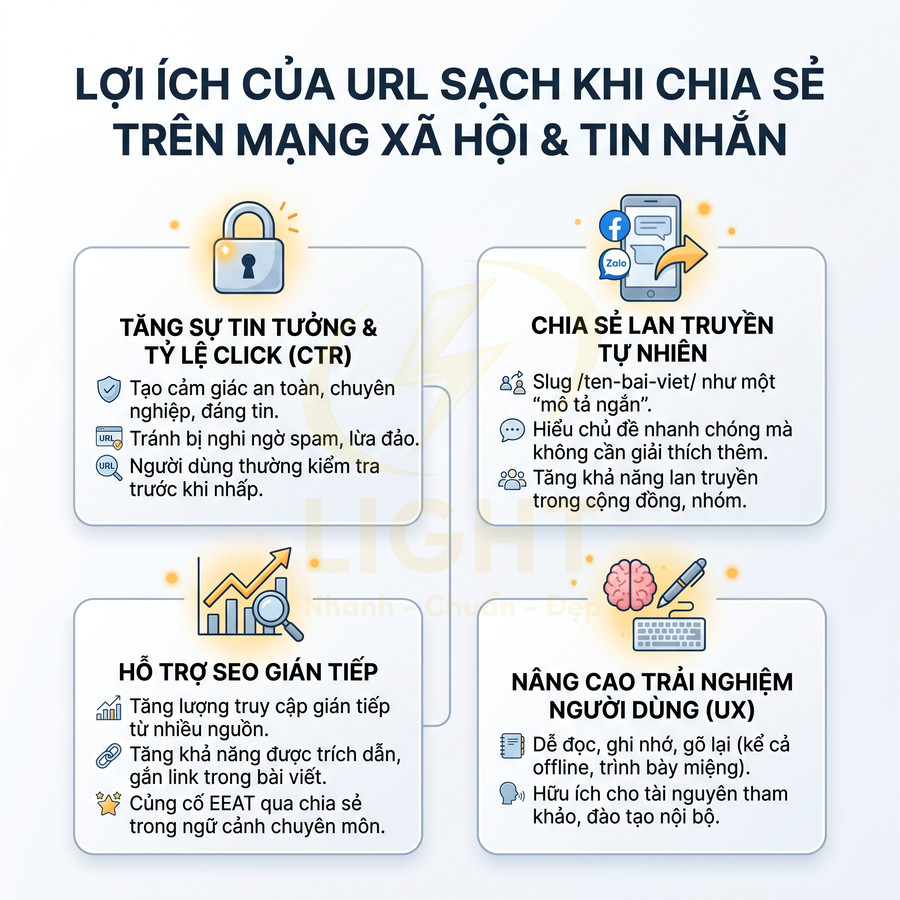 Infographic lợi ích của URL sạch khi chia sẻ trên mạng xã hội và tin nhắn, tăng CTR, hỗ trợ SEO và trải nghiệm người dùng