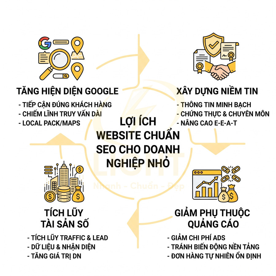 Lợi ích website chuẩn SEO cho doanh nghiệp nhỏ tăng hiện diện Google xây dựng niềm tin tích lũy tài sản số giảm phụ thuộc quảng cáo