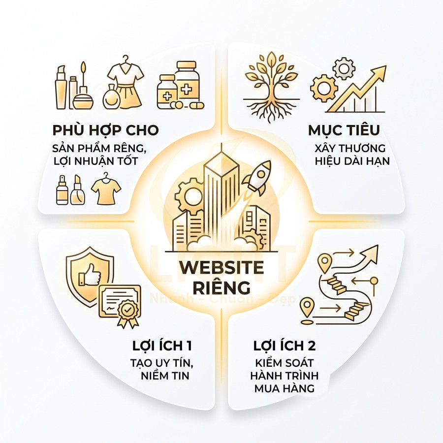 Mô hình minh họa lợi ích của website riêng cho kinh doanh sản phẩm, xây dựng thương hiệu và kiểm soát hành trình mua hàng