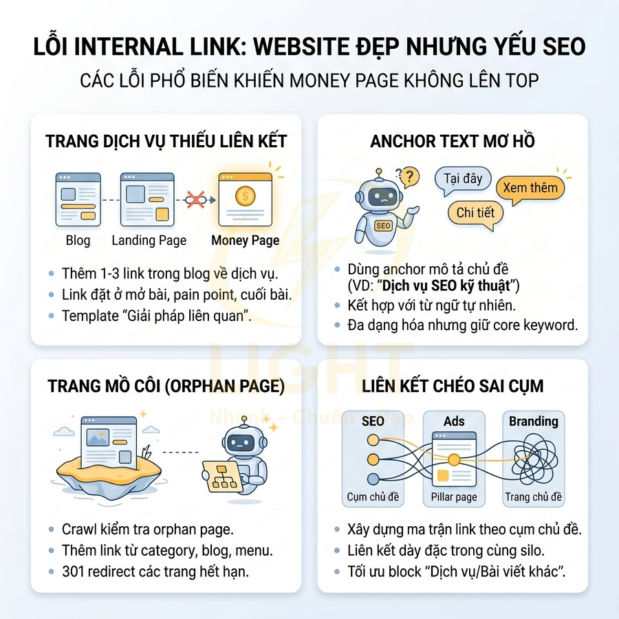 Infographic các lỗi internal link phổ biến khiến money page không lên top và cách tối ưu SEO nội bộ